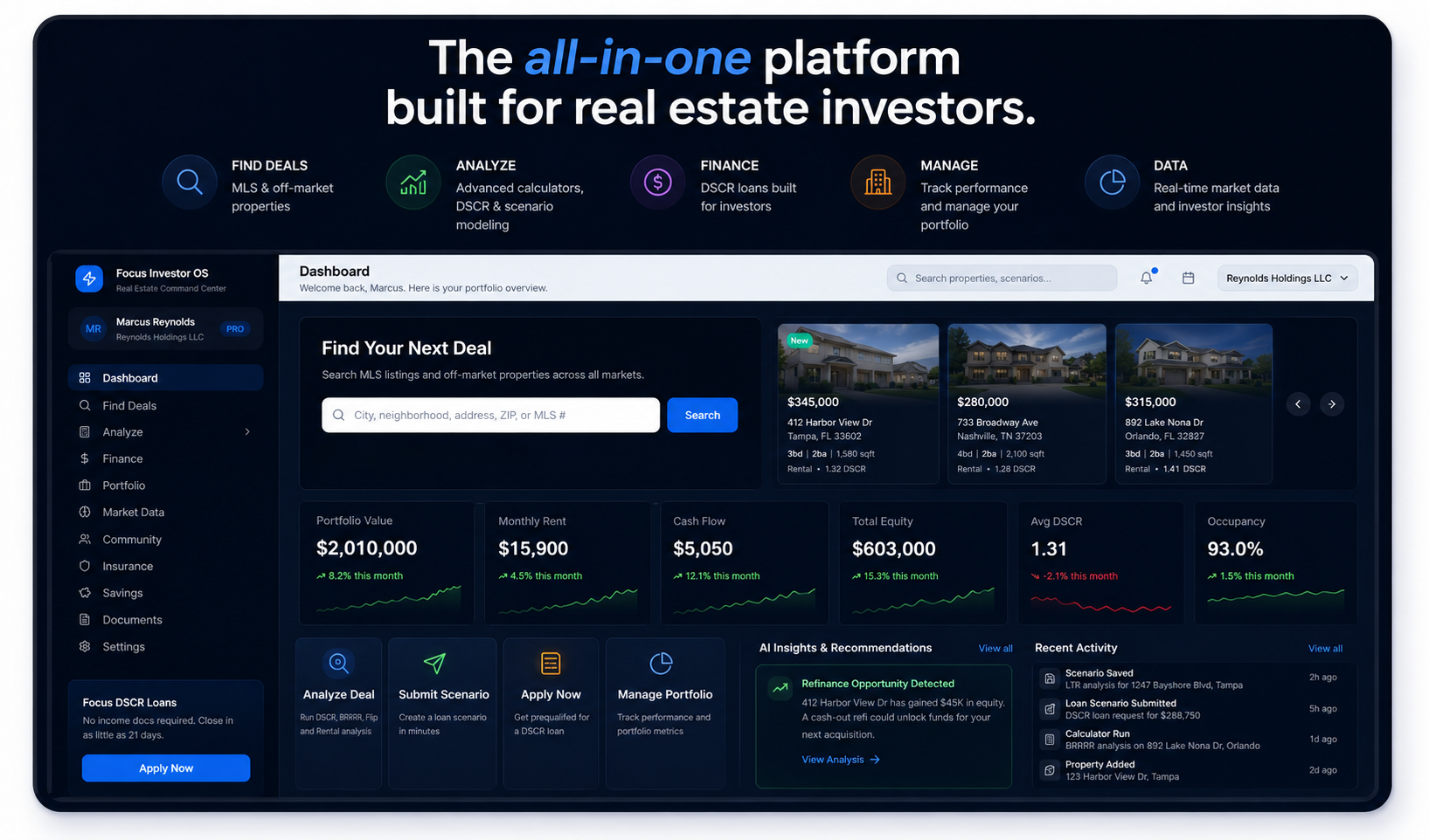 Focus Investor OS — the all-in-one platform built for real estate investors: find deals, analyze with DSCR and scenario modeling, finance, and manage your portfolio.